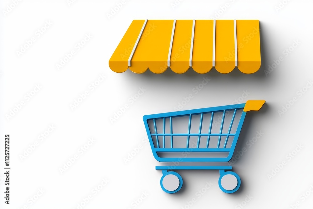 Poster a flat design of an ecommerce storefront interface, featuring clean lines, a buy button, and a cart 
