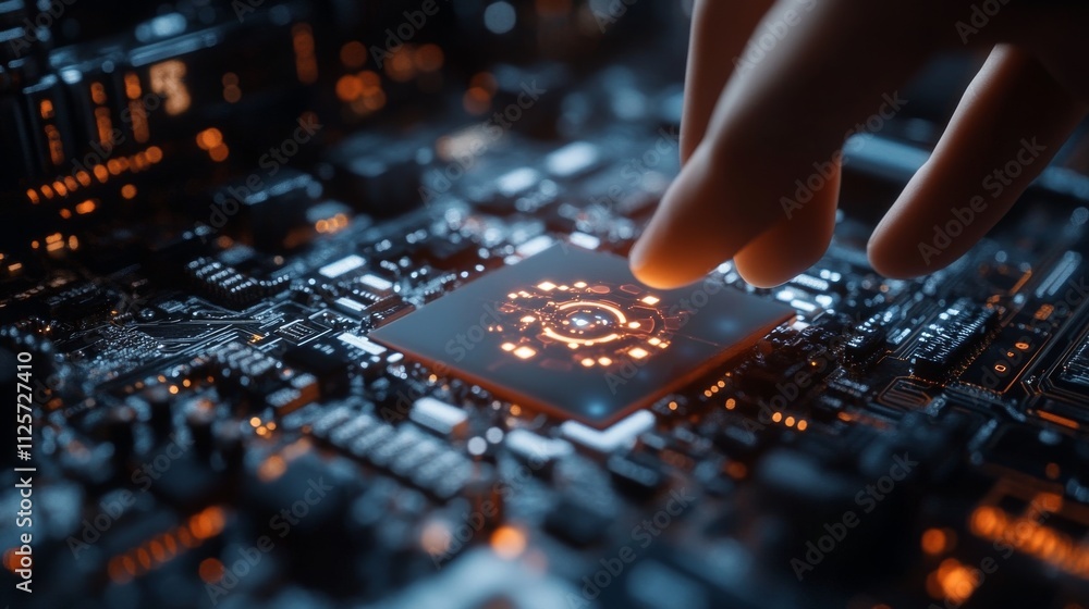 Poster hand touching microchip on circuit board with glowing led lights