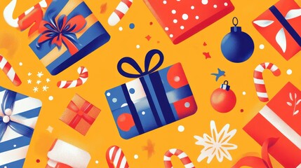 Festive Christmas Gifts and Candy Canes on Yellow Background