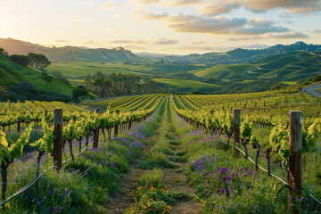 Fototapeta premium Scenic vineyard landscape at sunset rows of vines on a hillside in a picturesque wine region