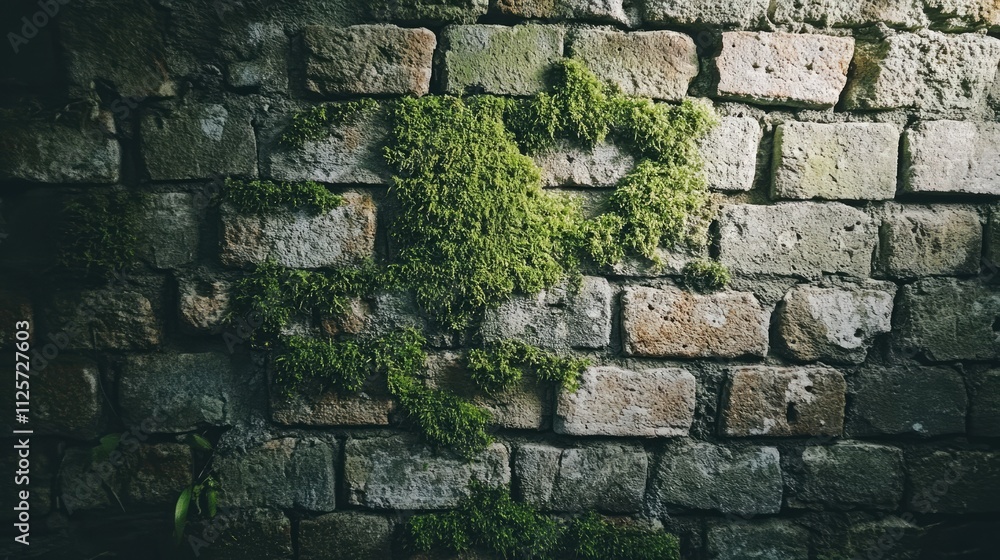 Poster textured brick wall with moss and weathered appearance creating a rustic and vintage background for 
