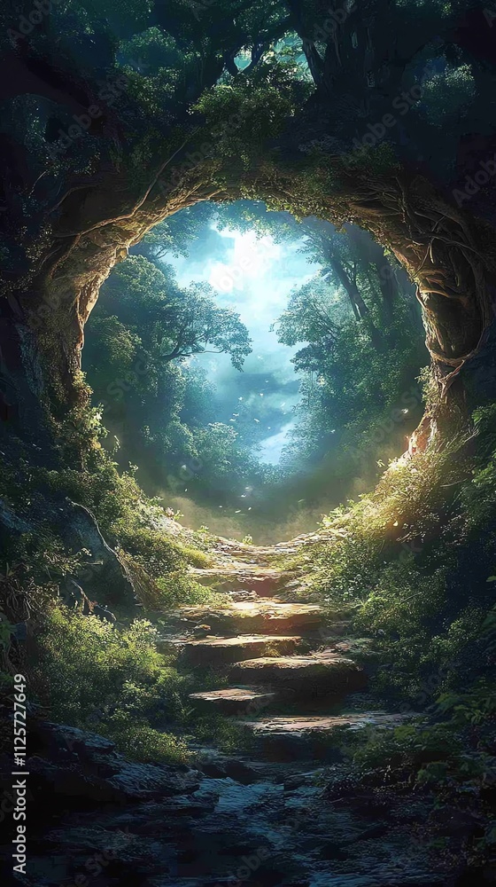 Poster a mystical forest scene with a glowing pathway leading through an archway of trees.