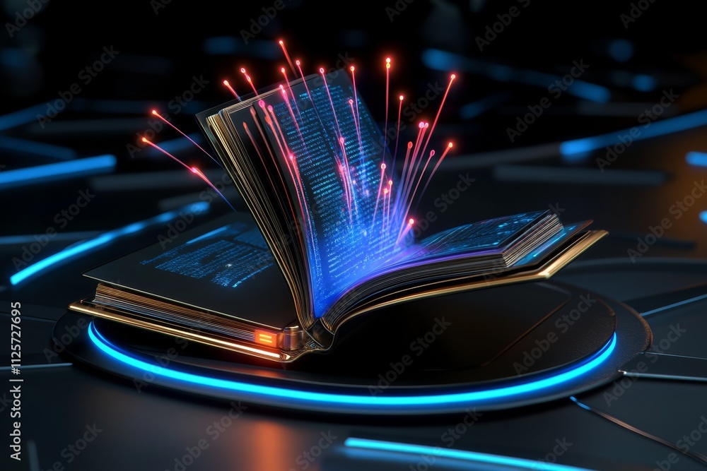 Poster A futuristic depiction of an ebook reader with a holographic screen projecting interactive book pages, set against a high-tech background