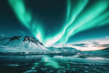 Fototapeta premium A stunning display of the Northern Lights over snow-covered mountains and a reflective lake.