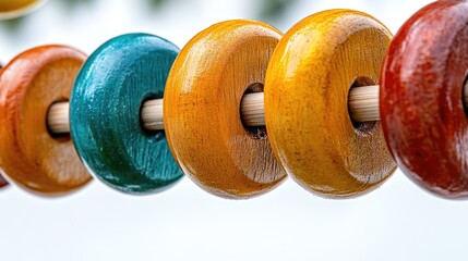 Colorful wooden abacus beads close-up on a white background showcasing traditional counting tools for educational purposes.