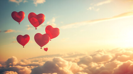 Fototapeta premium Floating heart balloons in a beautiful sky during Valentine's Day celebration