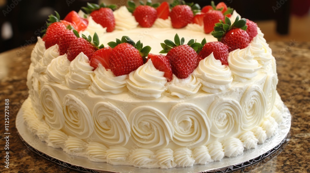 Poster elegant cake adorned with fresh strawberries and delicate white frosting on a decorative platform. p