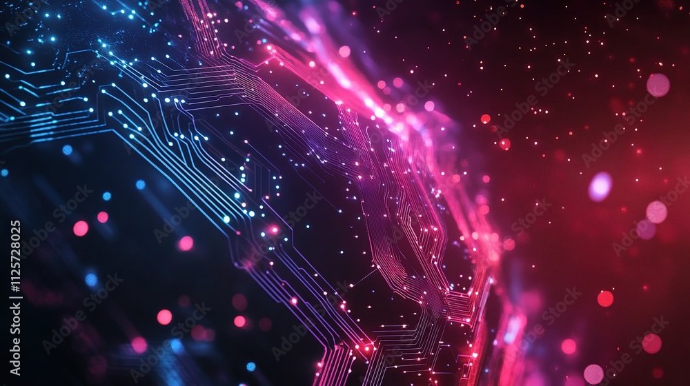 Poster glowing circuit abstract design with digital elements in vibrant colors