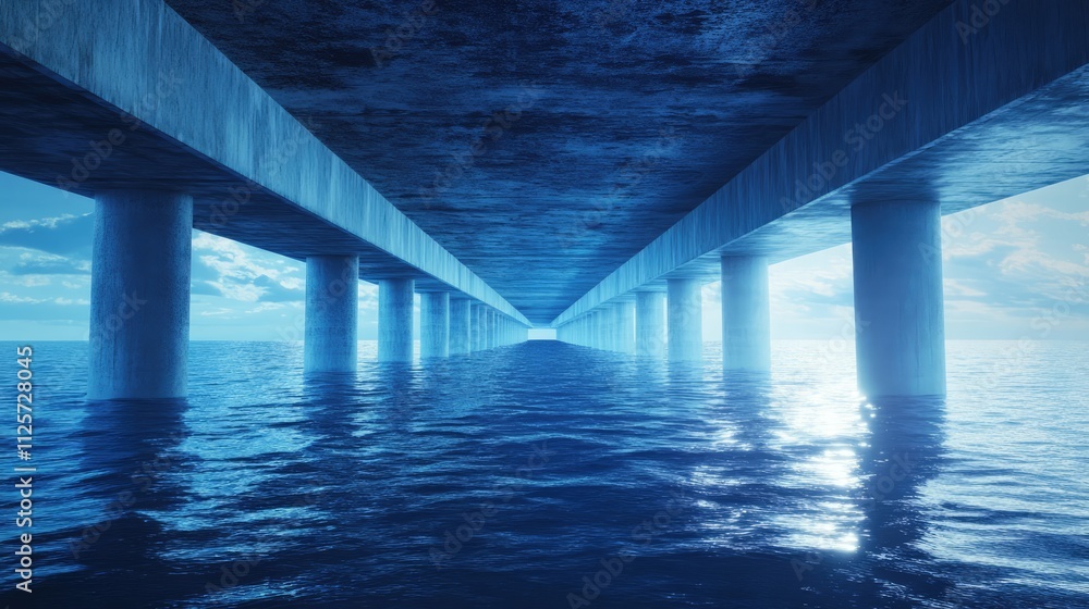Poster underneath a bridge with columns reflecting in serene blue waters and a tranquil sky, creating a pea