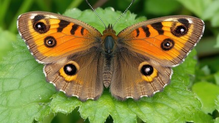 Obraz premium vibrant brown and orange butterfly perched on lush green leaf in a natural garden setting showcasing intricate wing patterns and colors