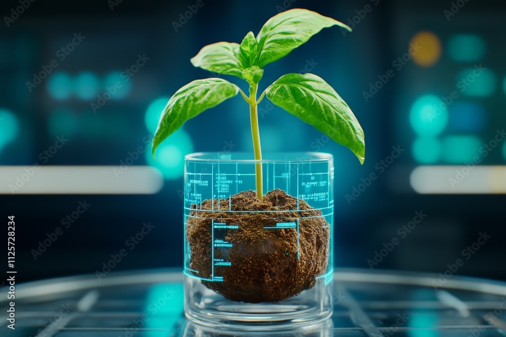 Poster a glowing futuristic dwarf plant growing in a high-tech hydroponic pod, with holographic data panels