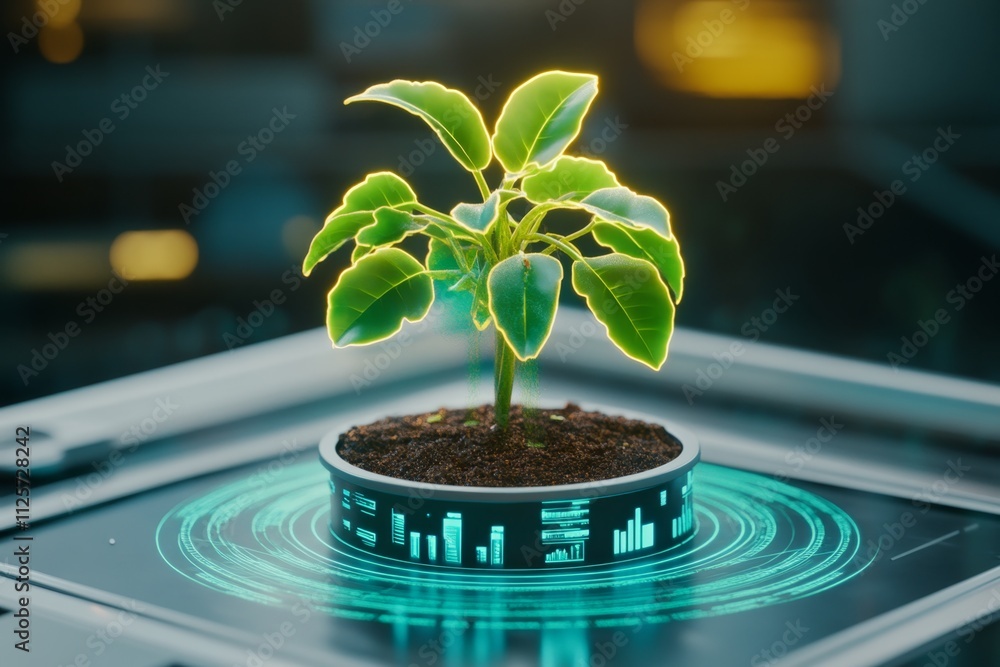 Poster a glowing futuristic dwarf plant growing in a high-tech hydroponic pod, with holographic data panels