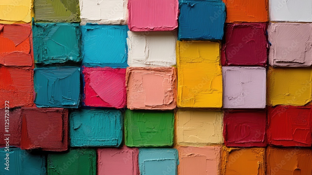 Poster vibrant color palette display with a variety of textured paint swatches in diverse hues arranged in 
