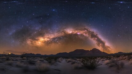 A stunning panoramic view of the Milky Way over a desert landscape at night.