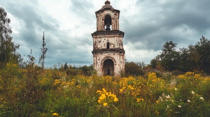 Abandoned 1822 Bell Tower Surrounded by Wildflowers in Zaluzhye Kostroma Province Russia Historical Landmark Photography