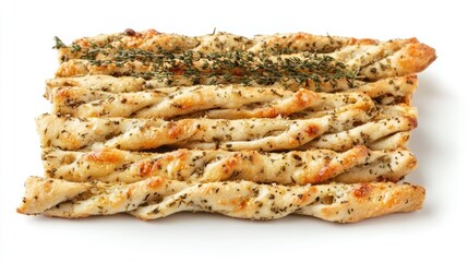 Savory herb-infused breadsticks stacked together on a clean white background ideal for snacking or culinary presentations