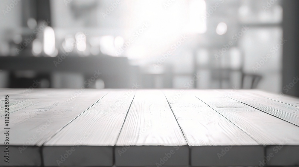 Poster blurred background with white wood table in soft focus setting