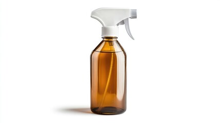 Amber glass spray bottle for cleaning solutions isolated on white backdrop promoting eco-friendly cleaning products and household maintenance.
