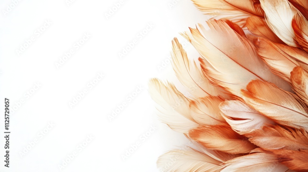 Poster delicate chicken feathers in soft hues on a clean white background creating ample copy space for des