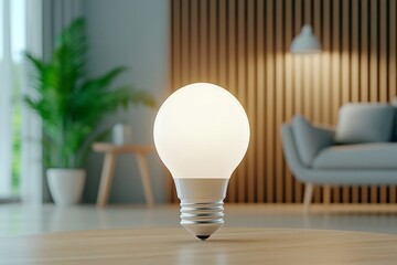 A hyper-realistic close-up of an energy-efficient LED bulb glowing softly, surrounded by a detailed minimalist home interior