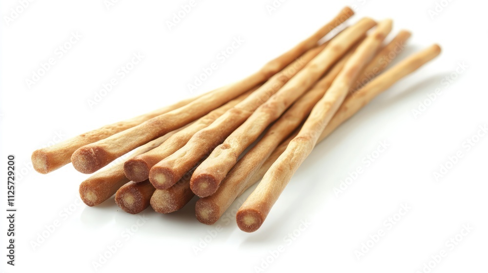 Poster crispy breadsticks arranged in a neat pile isolated on a clean white background for culinary and foo