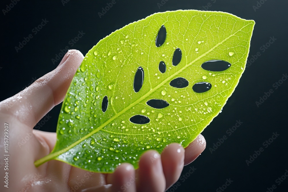 Poster a hyper-realistic close-up of water droplets falling onto a vibrant green leaf, with intricate refle