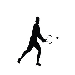 Black Silhouette of Man Playing Tennis Ball on White Background. Sport Logo, Vector Illustration