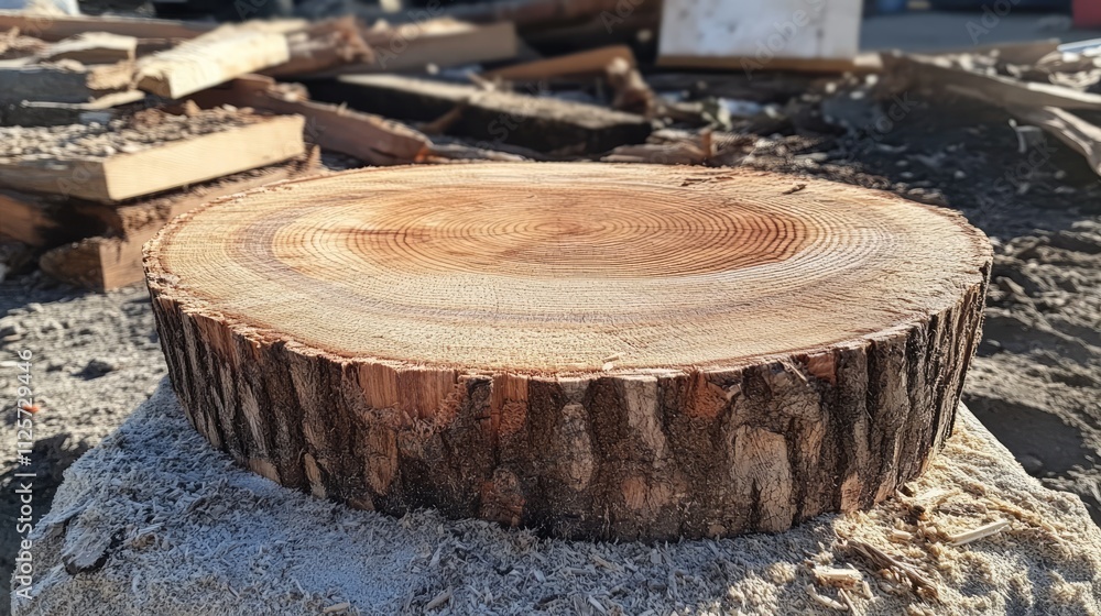 Aufkleber tree stump showing annual growth rings on a sawn round trunk placed on a rustic background in natura