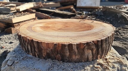 Fototapeta premium Tree stump showing annual growth rings on a sawn round trunk placed on a rustic background in natural outdoor lighting.