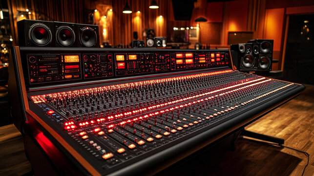 professional audio mixing console illuminated by vibrant LED lights, showcasing precision dials, sliders, and colorful buttons. Represents sound engineering, creativity, and innovation
