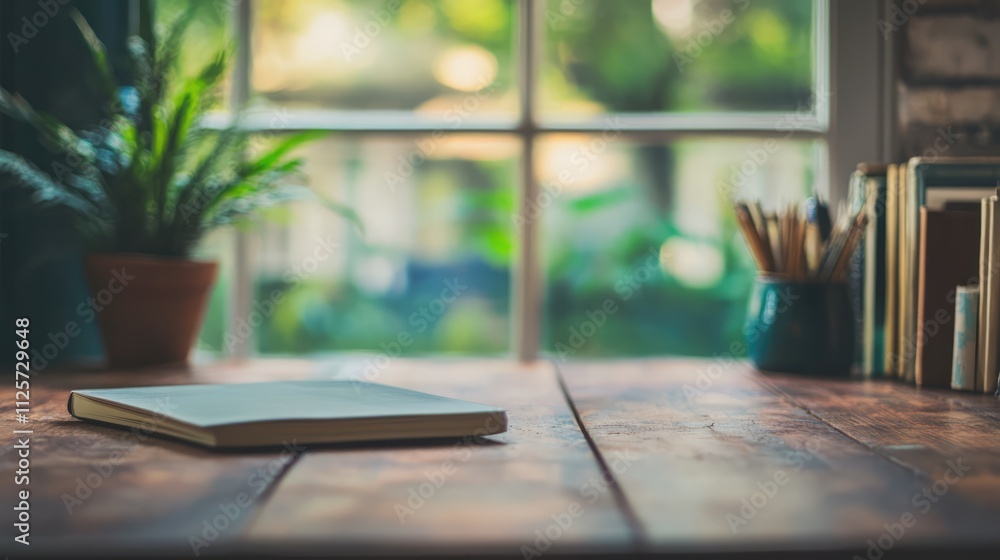 Poster inviting workspace with rustic desk, blurred window view, and decorative plants creating a serene at
