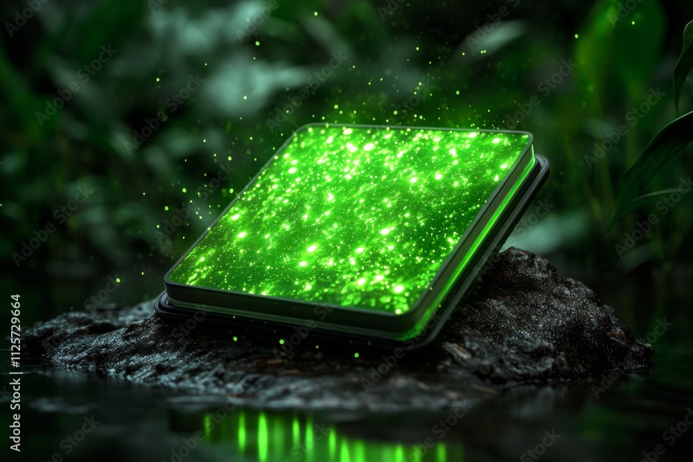 Poster A magical depiction of an ebook reader displaying glowing, animated book pages surrounded by a magical aura in a mystical forest
