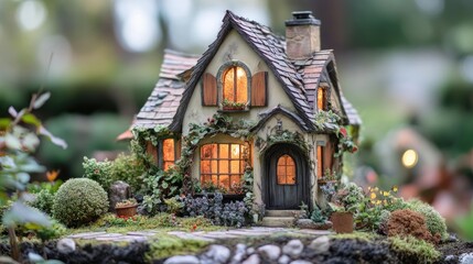 Fototapeta premium Charming miniature fairy tale house with whimsical details and warm lighting in a lush garden setting