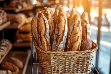 Fresh Baguettes in a Cart at the Bakery