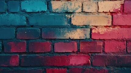 Fototapeta premium Colorful brick wall texture with gradient shades of blue red and yellow suitable for backgrounds and artistic designs