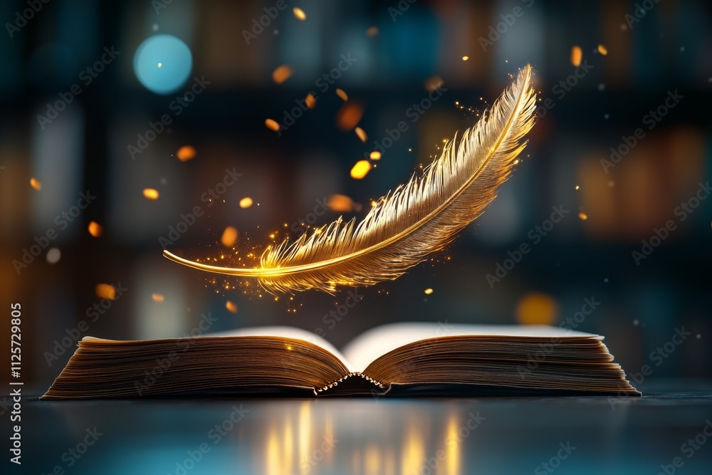 Poster A magical editor quill glowing with golden light as it corrects a floating scroll, surrounded by books that rearrange themselves in mid-air