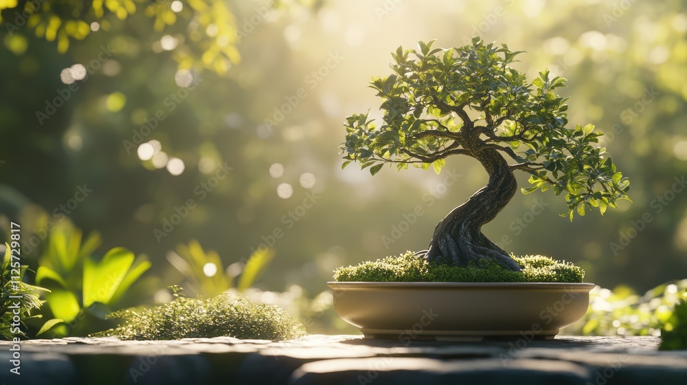 Poster Serene bonsai tree displayed in a tranquil botanical garden illuminated by soft sunlight with lush greenery in the background