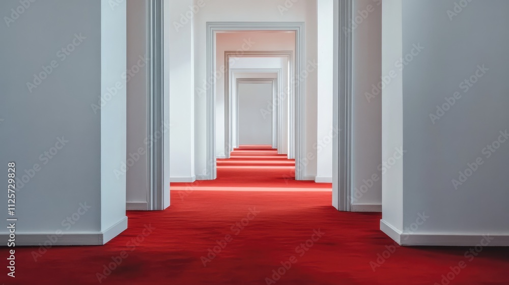 Poster elegant long hallway with white walls and red carpet leading to an open door creating a spacious and