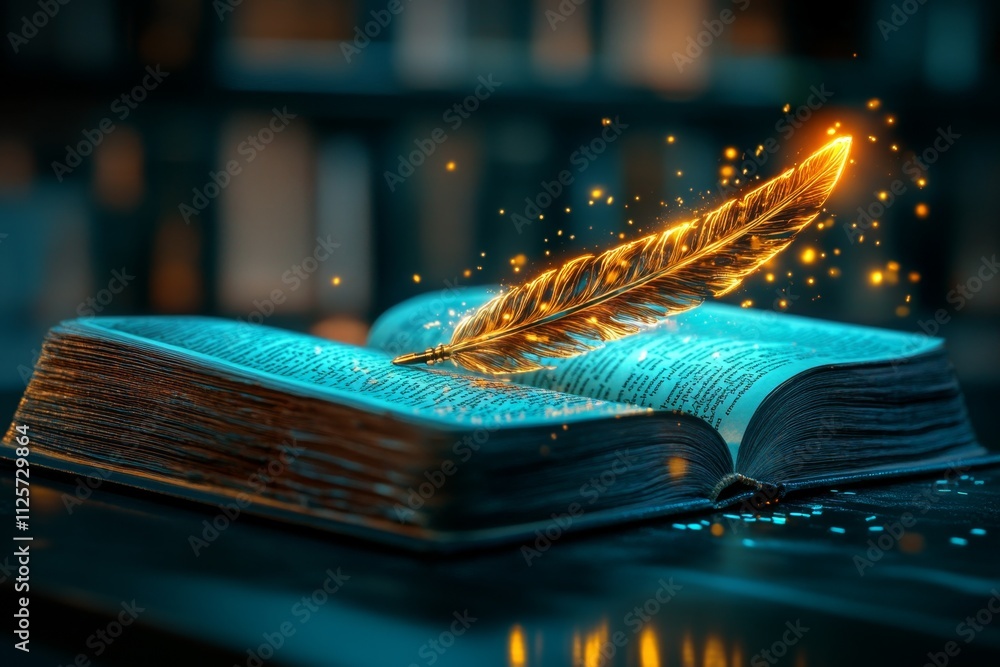 Poster A magical editor quill glowing with golden light as it corrects a floating scroll, surrounded by books that rearrange themselves in mid-air