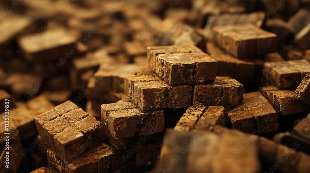 Poster rustic wooden bricks stacked in a close-up view showcasing their textured surfaces and natural patte