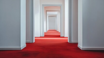 Obraz premium Elegant long hallway with white walls and red carpet leading to an open door creating a spacious and inviting atmosphere for interiors