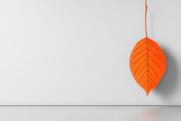 A minimalist depiction of a leaf falling through an empty white space, captured mid-descent