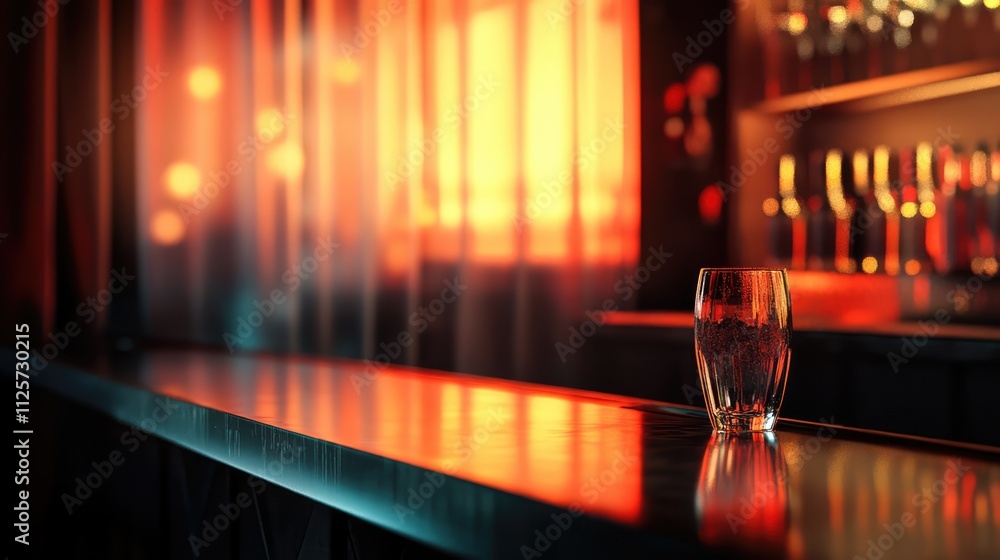 Poster bar interior with an empty glass on a sleek countertop illuminated by warm light filtering through s