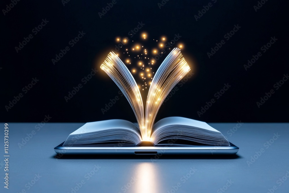 Poster a minimalist flat design of an ebook icon, featuring a digital tablet with a glowing book graphic in
