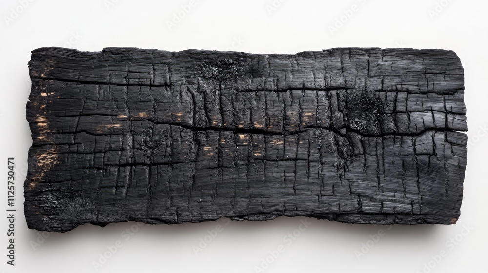 Poster charred wooden board with textured surface isolated on white background for rustic decor or design e