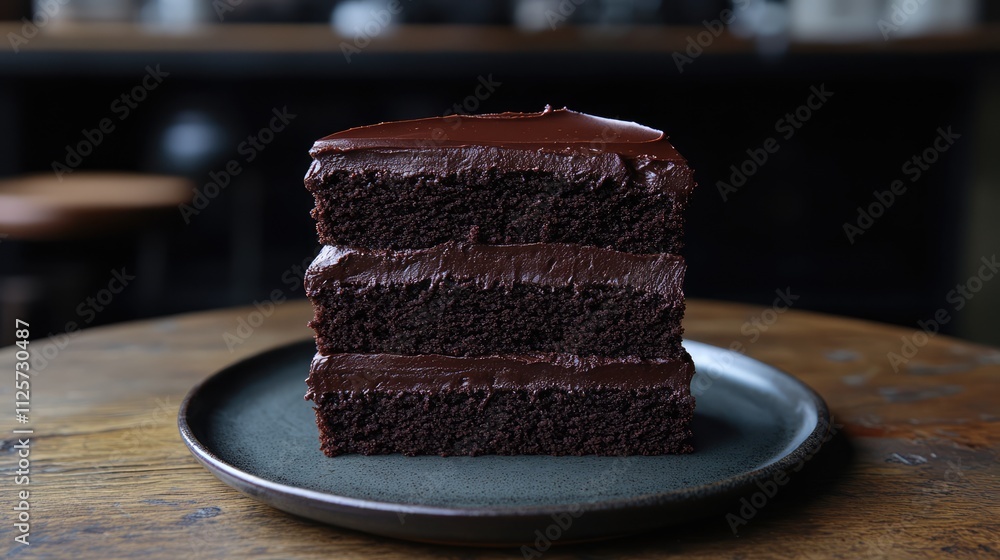 Poster Decadent layers of rich chocolate fudge cake with glossy frosting served on a rustic plate in an inviting setting