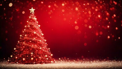 christmas card background with elegant gold tree design for holiday greetings. Shining lights in the shape of a Christmas tree, a bright red background, a fluttering snowflake, a bokeh light backgroun