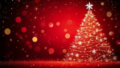 christmas card background with elegant gold tree design for holiday greetings. Shining lights in the shape of a Christmas tree, a bright red background, a fluttering snowflake, a bokeh light backgroun