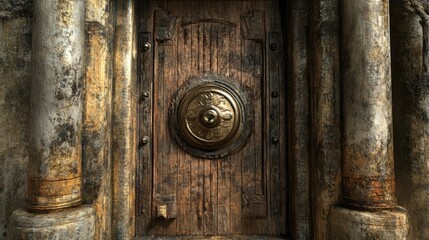Ancient wooden door close-up with detailed knob and weathered texture surrounded by ornate columns showcasing historical architectural design