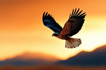 Fototapeta premium A minimalist silhouette of an eagle mid-flight, drawn in bold black against a soft gradient sky